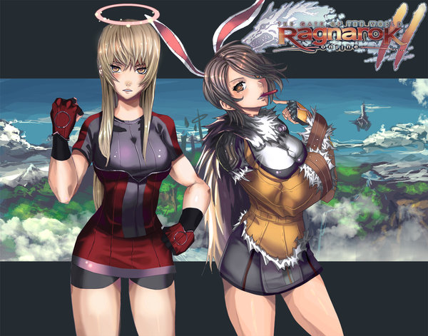 animal_ears, blonde_hair, blush, brown_hair, bunny_ears, halo, long_hair, multiple_girls
