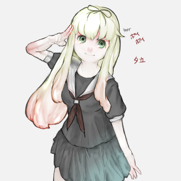 1girl, black_serafuku, blonde_hair, green_eyes, gurin33, hair_ribbon, kantai_collection, long_hair