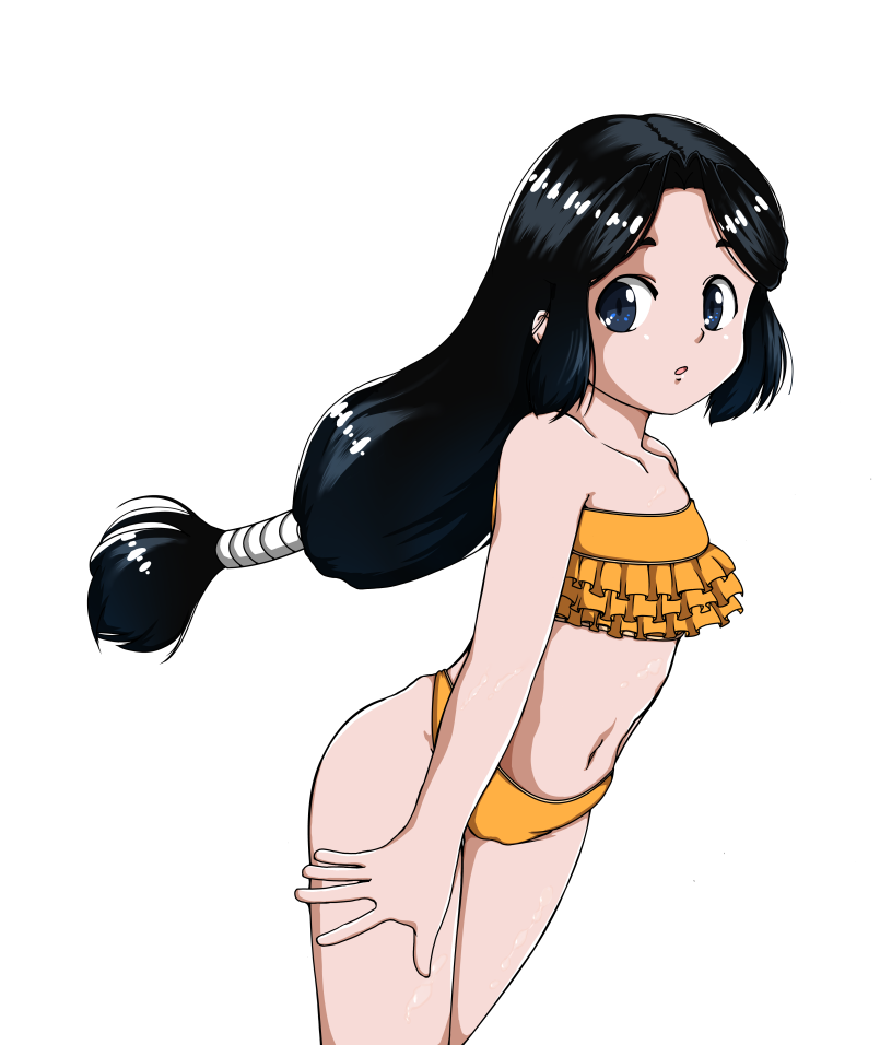 1girl, bare_shoulders, bikini, black_hair, blue_eyes, cowboy_shot, flat_chest, kukuri_(tsugumomo)