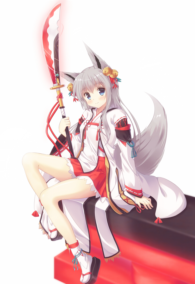 1girl, animal_ears, bell, blue_eyes, blush, fox_ears, fox_tail, full_body