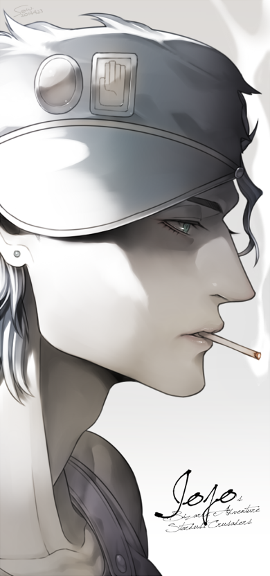 1boy, adam's_apple, black_hair, blue_eyes, cigarette, copyright_name, earrings, face