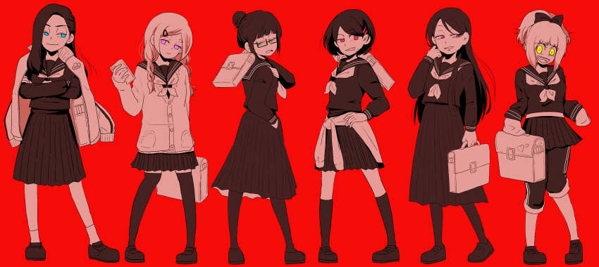 6+girls, alternate_costume, arm_at_side, bangs, black-framed_glasses, black_hair, black_legwear, black_shoes, blue_eyes, blunt_bangs, bow, braid, briefcase, cardigan, carrying_over_shoulder, choroko_(osomatsu-san), closed_mouth, clothes_around_waist, coromo18, crossed_arms, full_body, glowing, glowing_eyes, green_eyes, grin, hair_bow, hair_bun, hair_ornament, hair_over_shoulder, hairclip, hand_in_pocket, hand_on_hip, heart, highres, holding_bag, holding_phone, ichiko_(osomatsu-san), jacket, jacket_around_waist, jacket_on_shoulders, juushiko_(osomatsu-san), karako_(osomatsu-san), kneehighs, legs_apart, long_hair, long_sleeves, looking_at_another, looking_at_viewer, looking_back, looking_to_the_side, miniskirt, multiple_girls, no_pupils, osoko_(osomatsu-san), osomatsu-san, pants, pants_under_skirt, pantyhose, parted_lips, pleated_skirt, ponytail, red_background, red_eyes, school_uniform, serafuku, shoes, simple_background, skirt, sleeves_past_wrists, smile, socks, standing, swept_bangs, thigh-highs, todoko_(osomatsu-san), track_jacket, track_pants, twin_braids, twintails, uneven_eyes, violet_eyes, white_legwear, younger, zettai_ryouiki