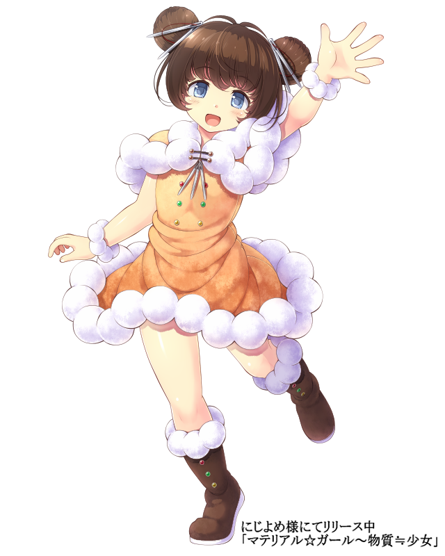 1girl, bangs, blue_eyes, boots, bracelet, brown_boots, brown_hair, double_bun, dress, hair_ornament, jewelry, kobari_ami, komimiyako, looking_at_viewer, material_girl, official_art, open_mouth, orange_dress, raised_hand, solo, standing_on_one_leg, watermark, waving, white_background