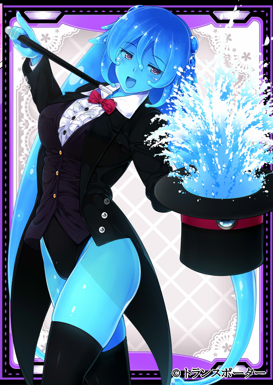 1girl, black_legwear, blue_hair, blue_skin, bow, bowtie, coattails, daibouken!_yukeyuke_osawari_island