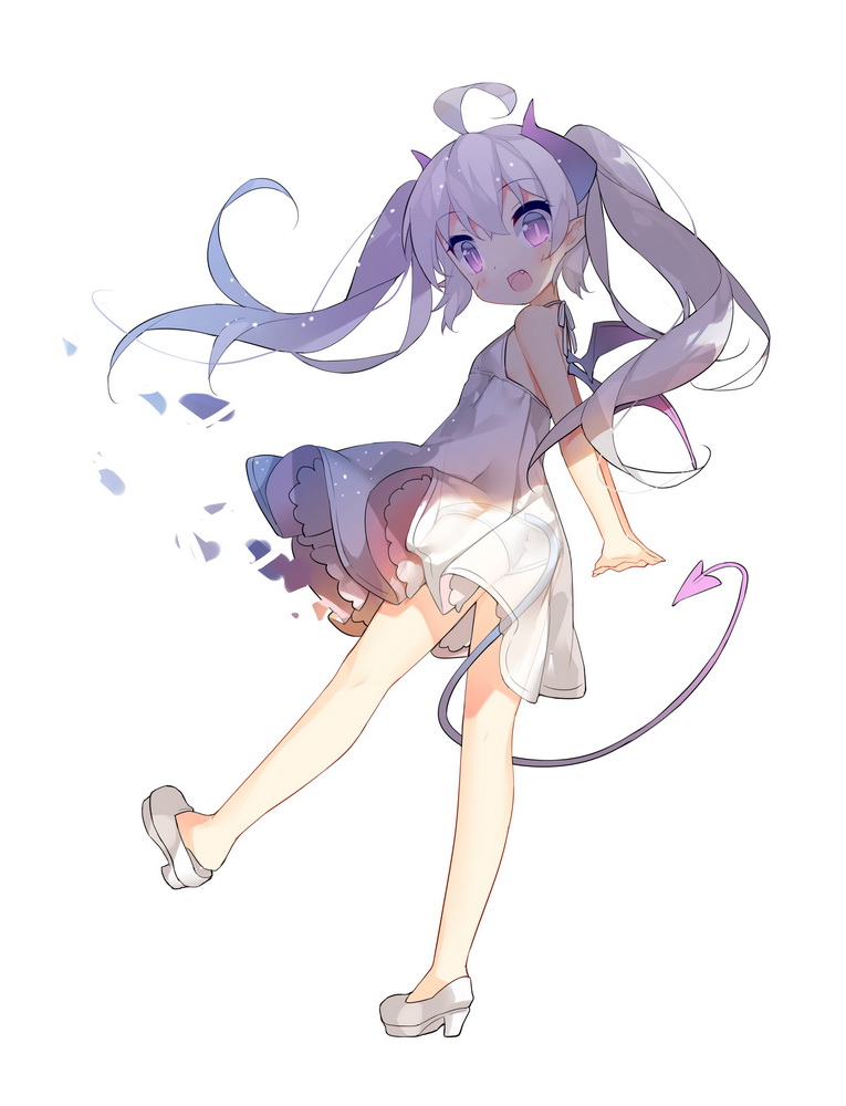1girl, ahoge, ass, bare_legs, blush, demon_girl, demon_tail, dress
