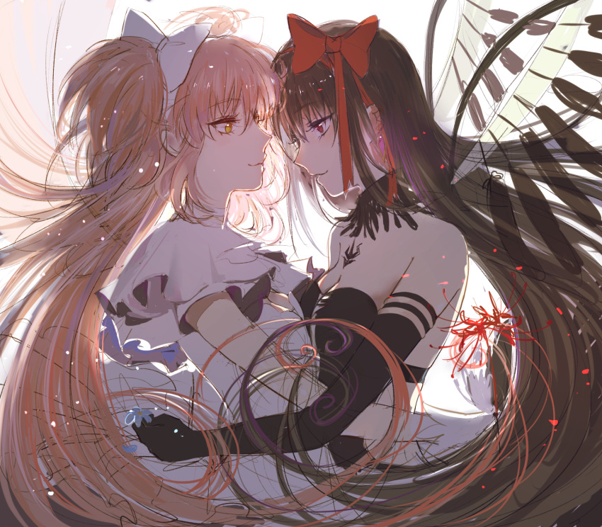 2girls, akemi_homura, akuma_homura, backlighting, bangs, bare_shoulders, black_gloves, bow