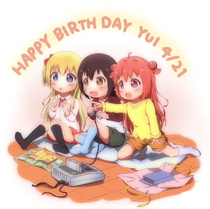 3girls, absurdres, ahoge, akaza_akari, bandaid, bandaid_on_face, black_hair, blonde_hair, bow, brown_eyes, character_name, dated, fire_(pixiv), funami_yui, game_console, hair_bow, happy_birthday, highres, instruction_manual, long_hair, long_sleeves, multiple_girls, no_shoes, open_mouth, playing_games, pointing, redhead, shirt, short_hair, shorts, sitting_on_pillow, skirt, socks, super_famicom, super_famicom_cartridge, super_famicom_gamepad, toshinou_kyouko, video_game, violet_eyes, younger, yuru_yuri