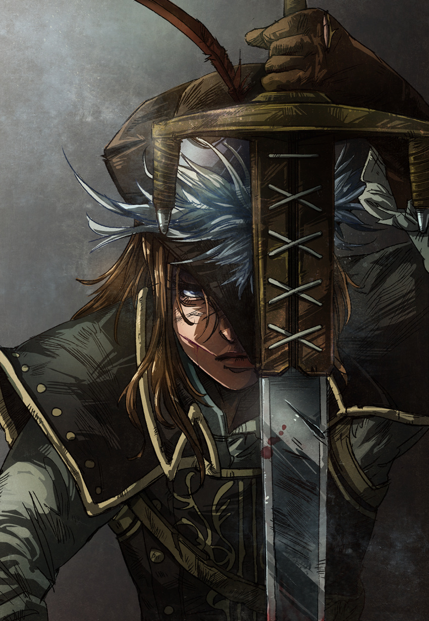 1girl, blue_eyes, brown_gloves, brown_hair, dark_souls, dark_souls_ii, feathers, gloves, highres, long_hair, long_sleeves, lucatiel_of_mirrah, solo, souls_(from_software), sword, taipoh, weapon