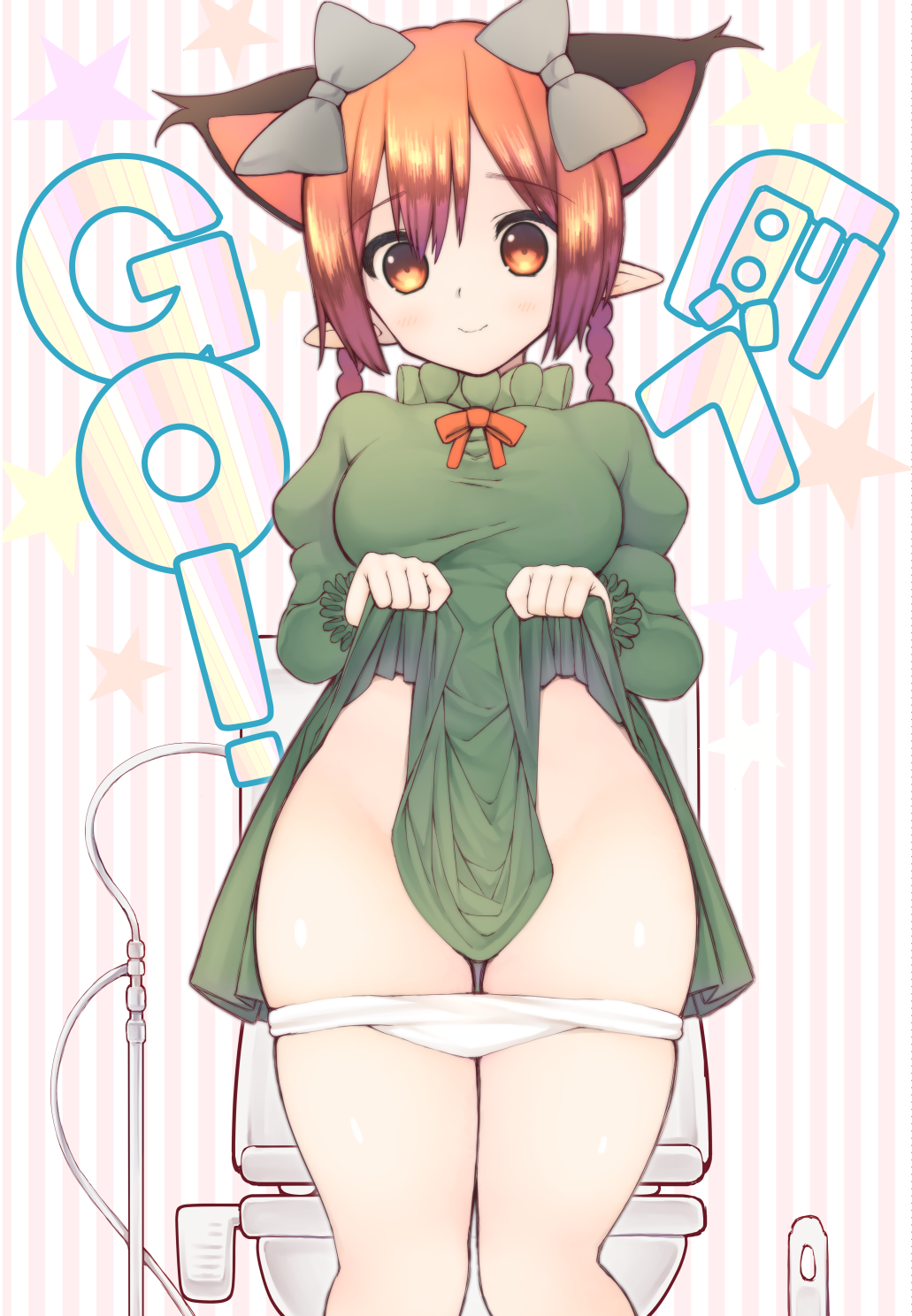 1girl, animal_ears, braid, cat_ears, dress, dress_lift, extra_ears, green_dress, hair_ribbon, highres, juliet_sleeves, kaenbyou_rin, long_hair, long_sleeves, looking_at_viewer, panties, panty_pull, puffy_sleeves, red_eyes, redhead, ribbon, smile, solo, striped, striped_background, toilet, touhou, twin_braids, underwear, white_panties, zuttokodomo