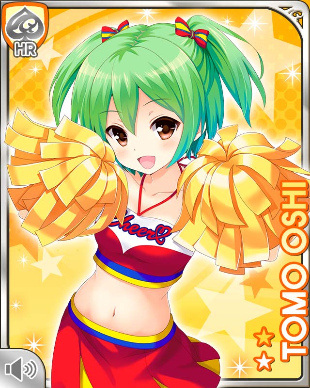 1girl, :d, bangs, bow, brown_eyes, card_(medium), character_name, cheerleader