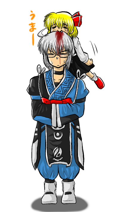 bite, blonde_hair, blood, enokuma_u-ta, glasses, hair_ribbon, japanese_clothes, morichika_rinnosuke