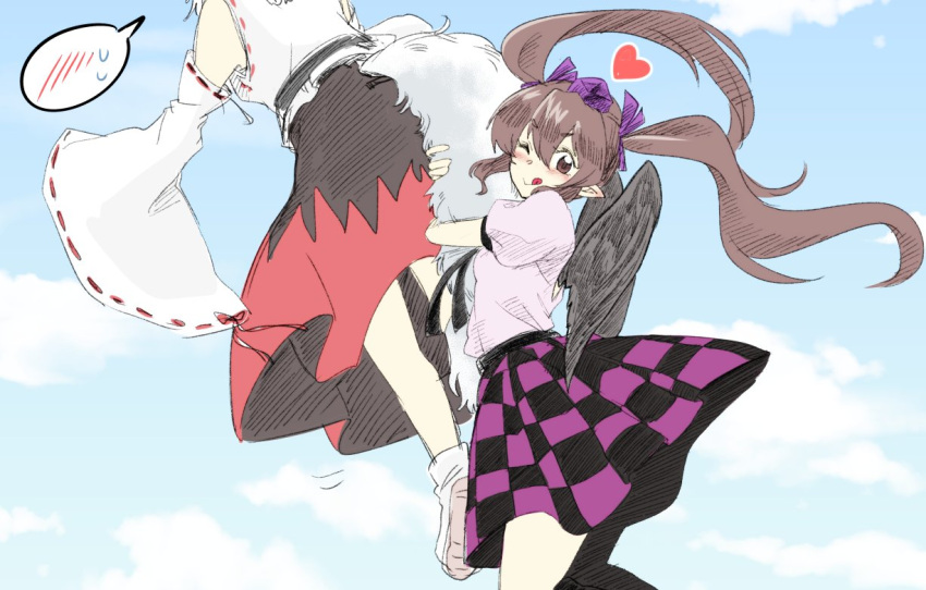 2girls, blouse, brown_eyes, brown_hair, checkered, checkered_skirt, clouds, cloudy_sky, detached_sleeves, hair_ribbon, hat, heart, himekaidou_hatate, hug, hug_from_behind, inubashiri_momiji, long_hair, mana_(gooney), multiple_girls, neck_ribbon, one_eye_closed, out_of_frame, puffy_short_sleeves, puffy_sleeves, ribbon, shoes, short_sleeves, skirt, sky, sleeves_past_wrists, socks, spoken_blush, spoken_sweatdrop, sweatdrop, tail, tail_hug, tokin_hat, tongue, tongue_out, touhou, twintails, wide_sleeves, wings, wolf_tail