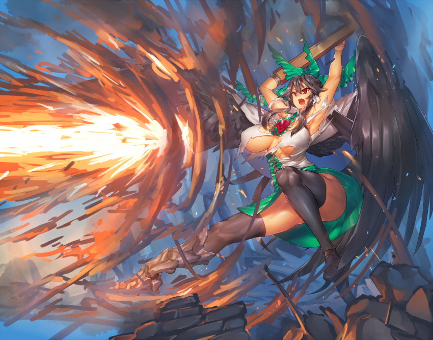 1girl, arm_cannon, armpits, arms_up, bird_wings, black_hair, black_legwear, black_wings, bow, breasts, cape, convenient_censoring, fang, firing, frills, green_skirt, hair_bow, large_breasts, long_hair, melon22, open_mouth, recoil, red_eyes, reiuji_utsuho, shirt, skirt, solo, thigh-highs, third_eye, torn_clothes, torn_shirt, touhou, tsurime, very_long_hair, weapon, white_shirt, wings