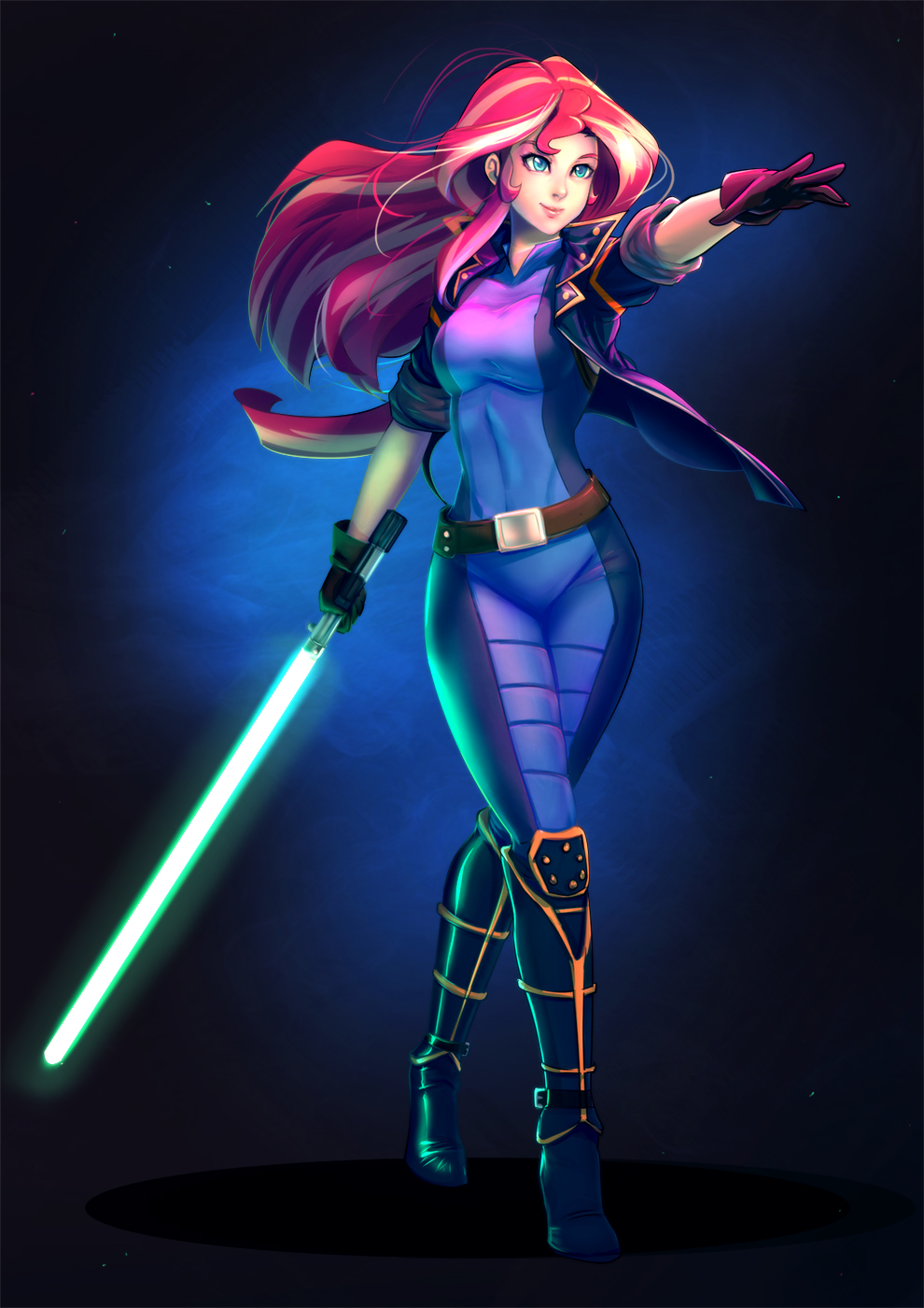 1girl, bakki, blonde_hair, bodysuit, boots, energy_sword, green_eyes, highres, jacket, knee_boots, lightsaber, long_hair, mismatched_gloves, multicolored_hair, my_little_pony, my_little_pony_equestria_girls, my_little_pony_friendship_is_magic, personification, redhead, short_sleeves, solo, star_wars, streaked_hair, sunset_shimmer, sword, two-tone_hair, weapon