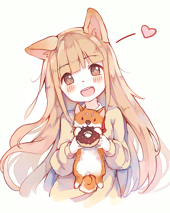 1girl, animal_ears, brown_eyes, brown_hair, dog, dog_ears, doughnut, food
