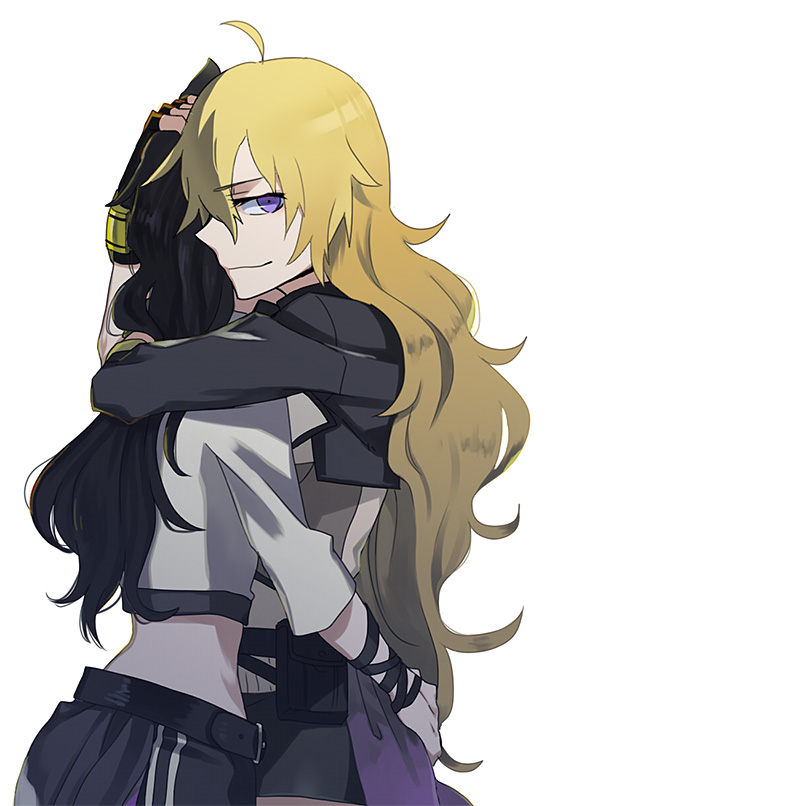 2girls, ahoge, animal_ears, arm_around_shoulder, arm_around_waist, black_hair, blake_belladonna, blonde_hair