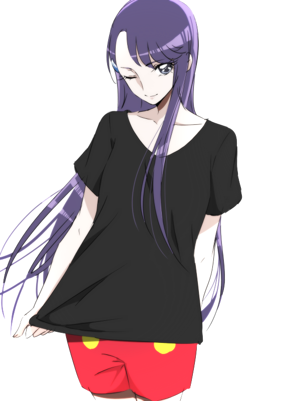 1girl, alternate_costume, arm_behind_back, blue_eyes, disney, gacchahero, heartcatch_precure!, long_hair, looking_at_viewer, mickey_mouse, mickey_mouse_(cosplay), no_glasses, one_eye_closed, precure, purple_hair, shirt_tug, solo, tsukikage_yuri