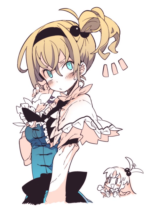 2girls, =3, alice_margatroid, alternate_hairstyle, blonde_hair, blue_dress, blue_eyes, blush, capelet, dress, hair_bobbles, hair_ornament, hairband, long_sleeves, morino_hon, multiple_girls, shinki, side_ponytail, simple_background, sweatdrop, touhou, touhou_(pc-98), white_background, white_hair