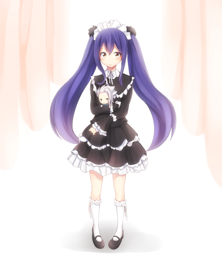 1girl, absurdres, blue_hair, brown_eyes, chage_00, fairy_tail, gothic_lolita, hairband, highres, lolita_fashion, lolita_hairband, long_hair, mary_janes, shoes, socks, solo, twintails, wendy_marvell, white_legwear