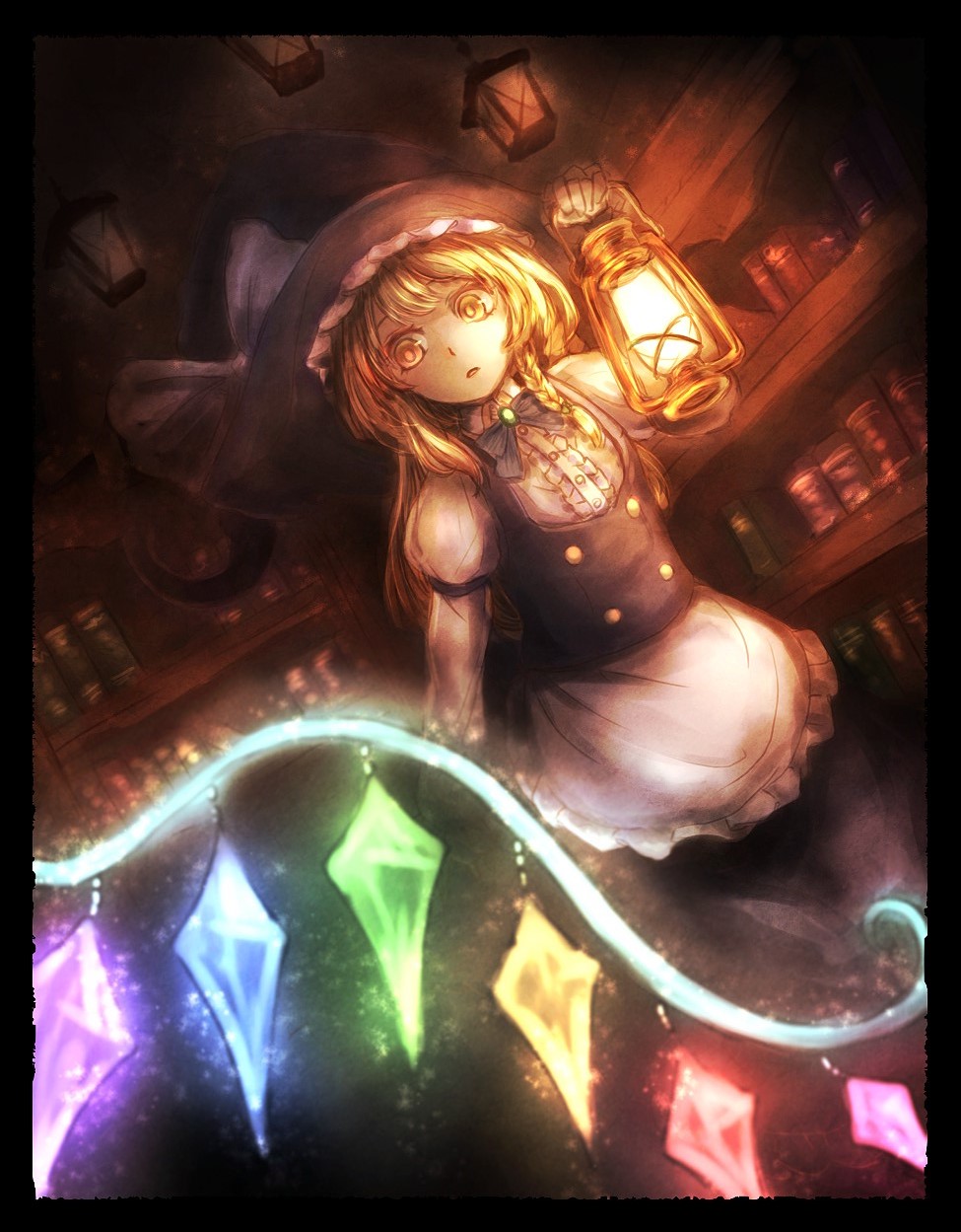 2girls, apron, blonde_hair, book, bookshelf, border, bow, bowtie, braid, commentary, dark, dutch_angle, flandre_scarlet, haiki_(hakkyoii06), hat, highres, holding, indoors, kirisame_marisa, lantern, long_hair, multiple_girls, muted_color, open_mouth, out_of_frame, side_braid, surprised, touhou, waist_apron, wings, witch_hat, yellow_eyes