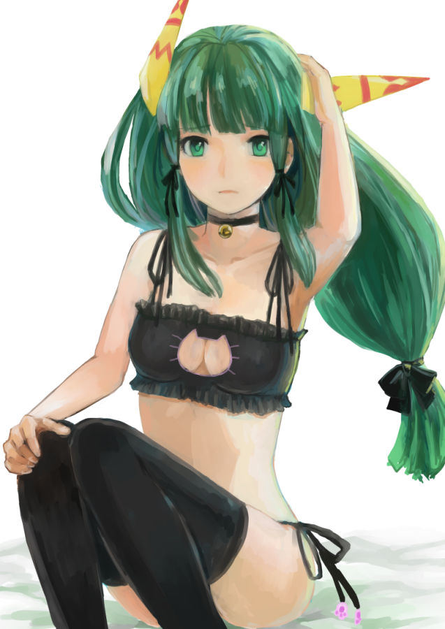 1girl, bell, bell_choker, black_bow, black_legwear, black_panties, bow, breasts