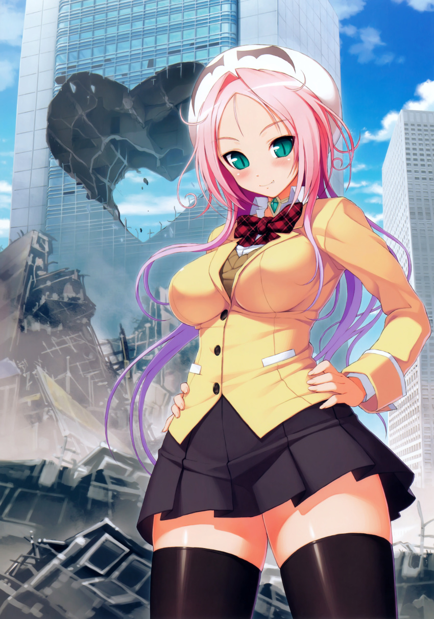 1girl, absurdres, aqua_eyes, black_legwear, blazer, blush, breasts, building