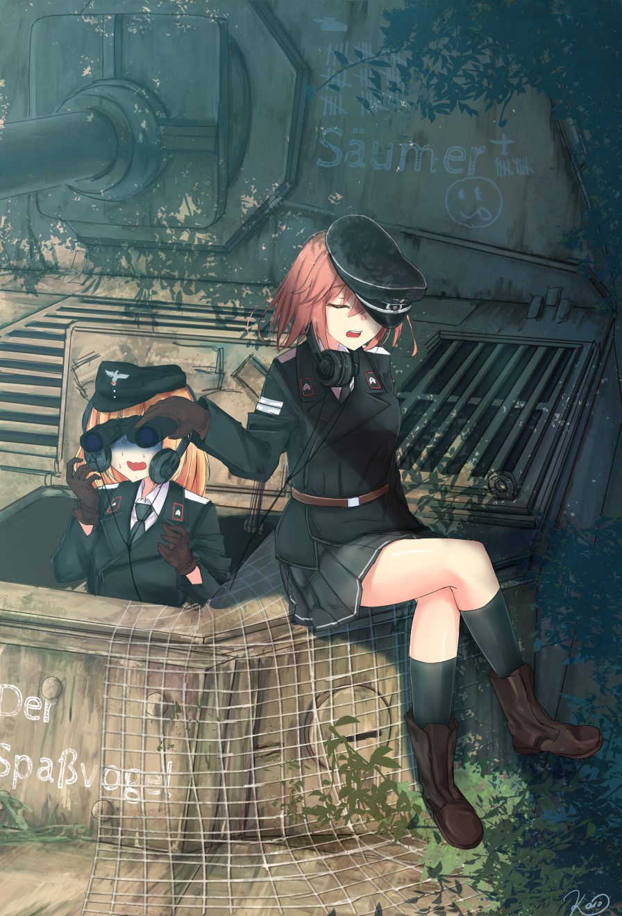 2girls, adapted_uniform, binoculars, blonde_hair, brown_eyes, closed_eyes, commentary, crossed_legs, elefant, german, gloves, hat, hatch, headset, highres, karo-chan, long_hair, military, military_uniform, military_vehicle, multiple_girls, necktie, net, open_mouth, original, peaked_cap, shadow, short_hair, signature, sitting, skirt, soldier, surprised, sweat, tally, tank, tank_destroyer, translated, uniform, vehicle, weapon_request, world_war_ii