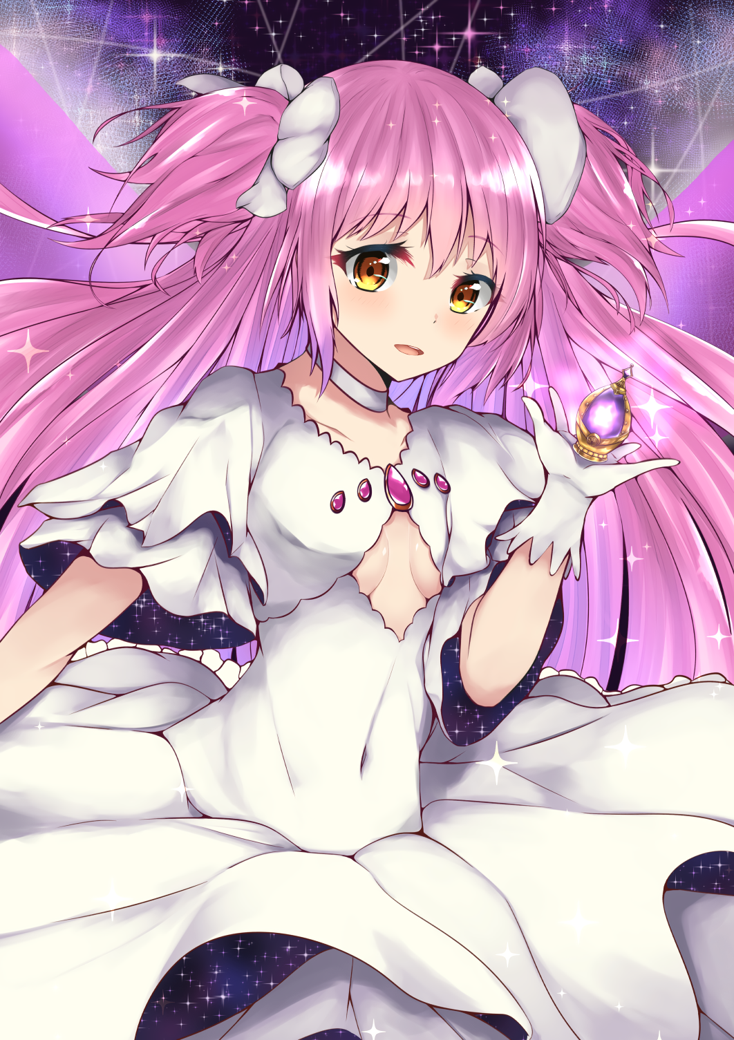1girl, ayase_chisato_(ay_c1), bow, commentary_request, dress, gloves, goddess_madoka, hair_bow