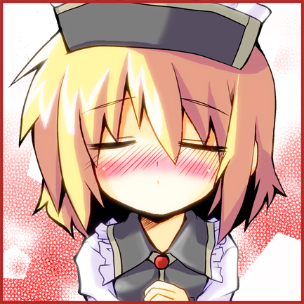 blush, closed_eyes, hat, incoming_kiss, kotojima_motoki, kotoshima, lowres, lunasa_prismriver