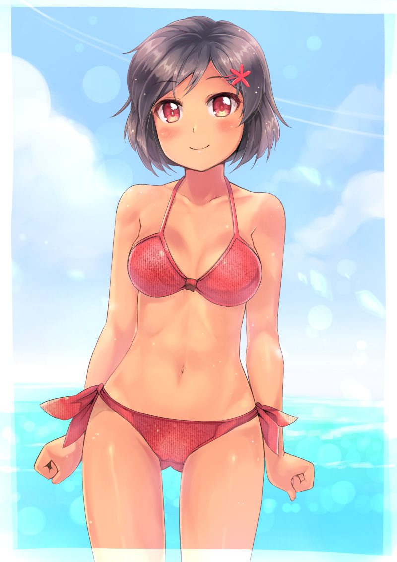 1girl, bikini, black_hair, breasts, dark_skin, garun_wattanawessako, navel, original