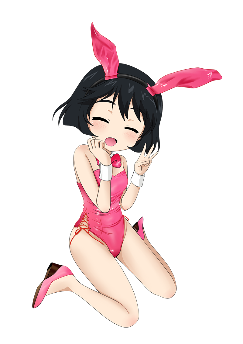 1girl, animal_ears, black_hair, bow, bowtie, bunnysuit, closed_eyes, detached_collar