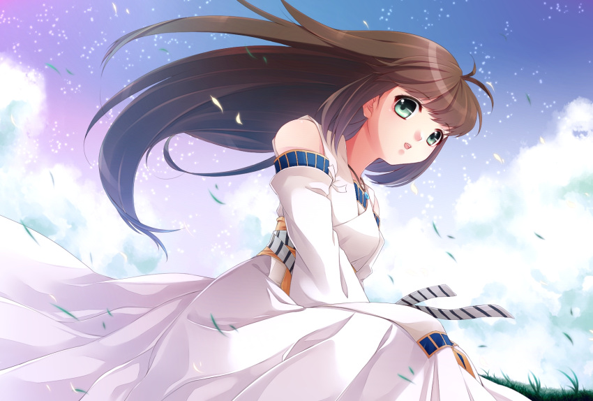 1girl, :d, brown_hair, clouds, detached_sleeves, dress, female, gensou_suikoden