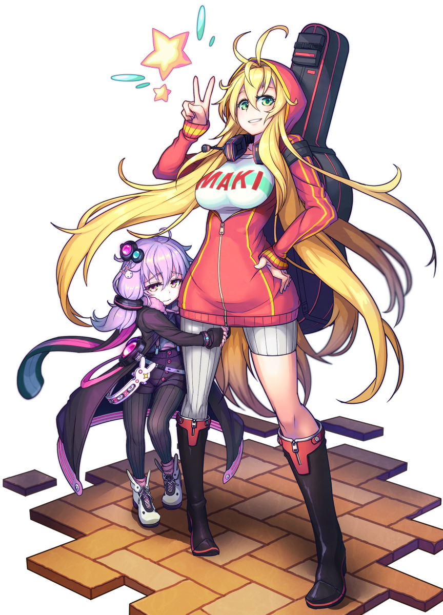 2girls, :d, adapted_costume, ahoge, alternate_costume, alternate_eye_color, animal_hood, antenna_hair