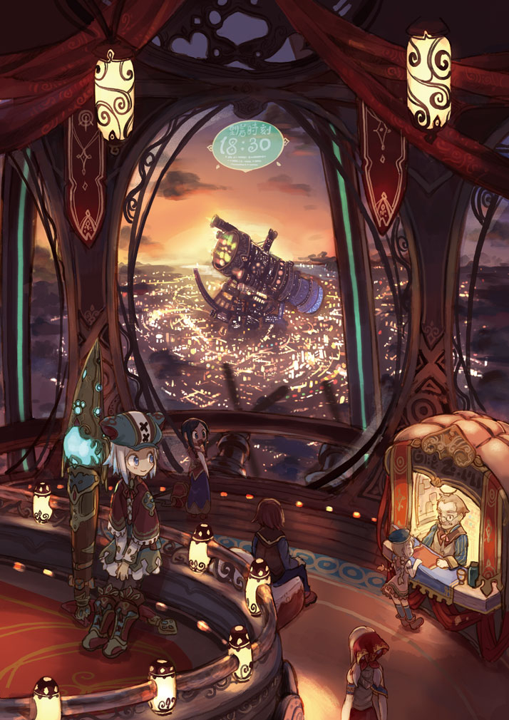 2boys, 4girls, airship, animal_hat, arm_support, bag, blurry, blush