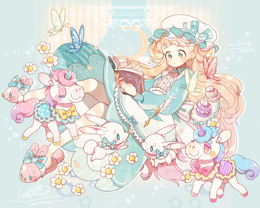 1girl, :3, album_cover, animal_slippers, apron, blonde_hair, blue_background, blue_bow