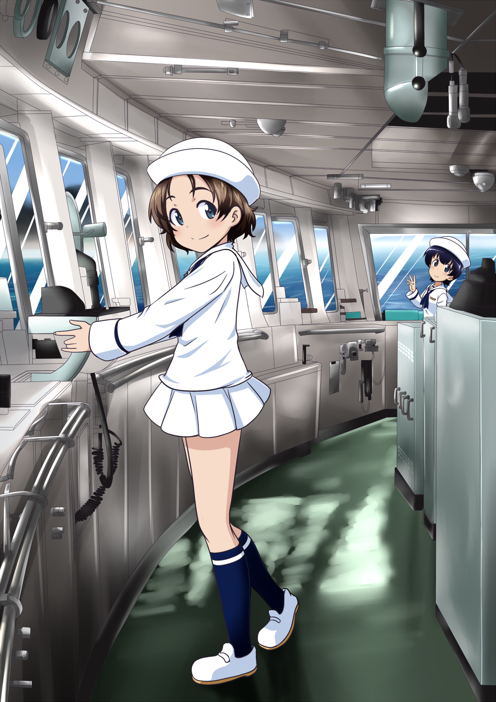 2girls, blue_eyes, blue_hair, blue_legwear, brown_hair, commentary_request, dixie_cup_hat, extra, girls_und_panzer, hat, highres, indoors, loafers, long_sleeves, looking_at_viewer, military_hat, miniskirt, multiple_girls, neckerchief, nekota_susumu, pleated_skirt, sailor_hat, school_uniform, serafuku, ship, ship's_bridge, ship_interior, shoes, short_hair, skirt, smile, socks, standing, waving, white_blouse, white_shoes, white_skirt