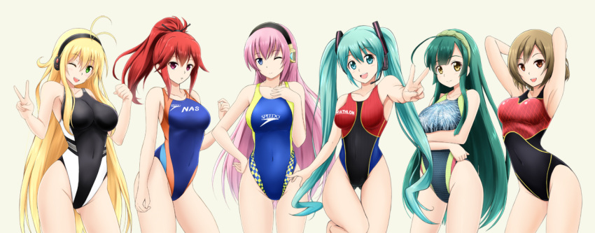 6+girls, :d, ;), ;d, ahoge, alternate_costume, antenna_hair, aqua_eyes, aqua_hair, arm_at_side, armpits, arms_up, ass_visible_through_thighs, bangs, barefoot, beige_background, black_swimsuit, blonde_hair, blue_eyes, blue_swimsuit, blush, breast_hold, breasts, brown_eyes, brown_hair, checkered, clenched_hand, closed_mouth, clothes_writing, collarbone, competition_swimsuit, covered_navel, cowboy_shot, crossed_arms, cul, eyebrows, eyebrows_visible_through_hair, fireworks_print, fuuma_nagi, glowing, green_hair, groin, hair_ornament, hairband, hand_on_hip, hand_on_own_chest, hatsune_miku, head_tilt, headphones, headset, highleg, highleg_swimsuit, hips, large_breasts, legs_apart, long_hair, looking_at_viewer, megurine_luka, meiko, microphone, multiple_girls, navel, one-piece_swimsuit, one_eye_closed, open_mouth, outstretched_arm, pink_background, pink_hair, ponytail, red_eyes, redhead, short_hair, simple_background, skin_tight, smile, speedo_(company), swimsuit, tareme, thigh_gap, thighs, touhoku_zunko, tsurumaki_maki, twintails, v, very_long_hair, violet_eyes, vocaloid, voiceroid, yellow_eyes