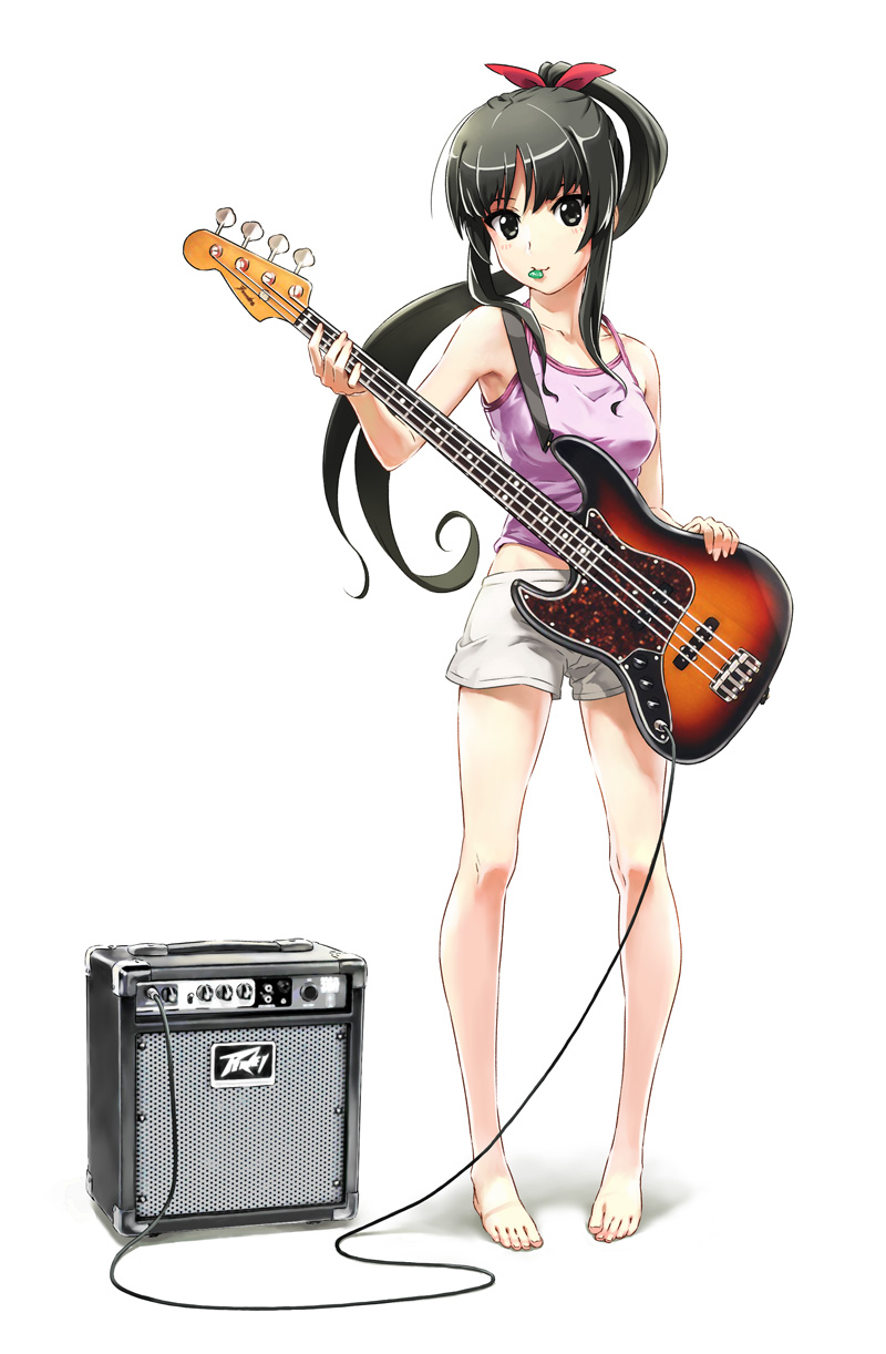 1girl, akiyama_mio, alternate_hairstyle, amplifier, armpits, barefoot, bass_guitar, black_hair