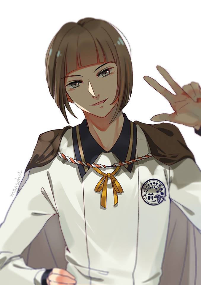 1boy, bob_cut, brown_hair, cape, grey_eyes, hand_on_hip, maeda_toushirou, male_focus