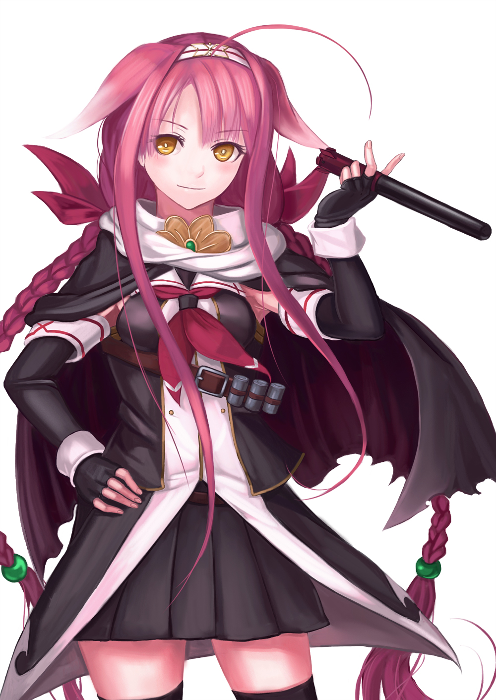 1girl, ahoge, beads, braid, cape, commentary_request, fingerless_gloves, gakky-cf
