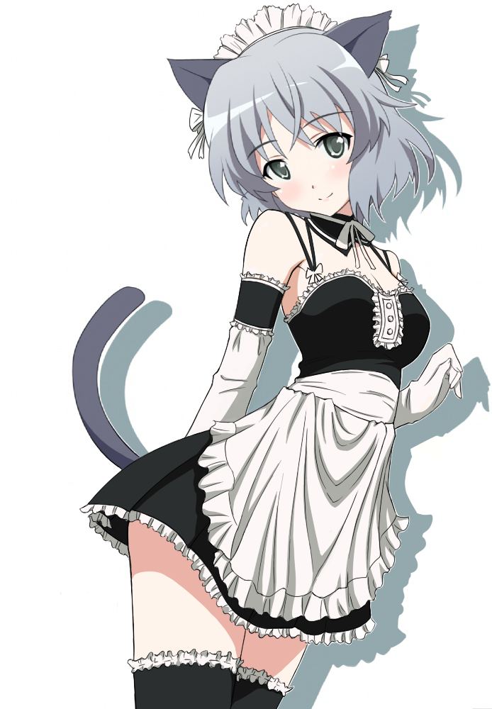 alternate_costume, animal_ears, apron, black_legwear, blush, bonnet, cat_ears, catgirl