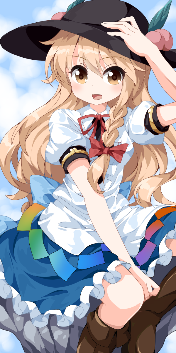 1girl, blonde_hair, blue_skirt, boots, bow, braid, brown_boots, food