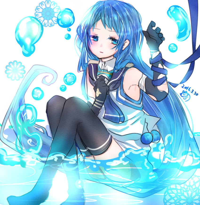 1girl, bangs, black_legwear, blue_eyes, blue_hair, bubble, elbow_gloves, flower, full_body, gloves, gradient_hair, hand_on_own_chest, highres, kantai_collection, long_hair, looking_at_viewer, multicolored_hair, nora_(salatto), open_mouth, raised_hand, sailor_collar, samidare_(kantai_collection), school_uniform, serafuku, shirt, shoes_removed, sitting, sleeveless, sleeveless_shirt, solo, swept_bangs, thigh-highs, torn_clothes, torn_gloves, very_long_hair