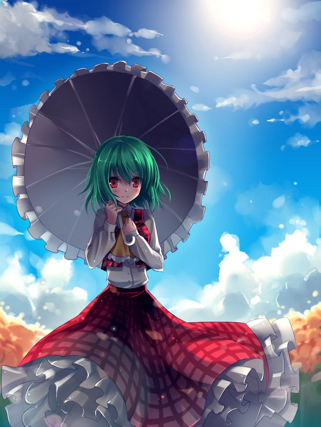 blush, cloud, clouds, fisheye, green_hair, kazami_yuuka, long_skirt, parasol