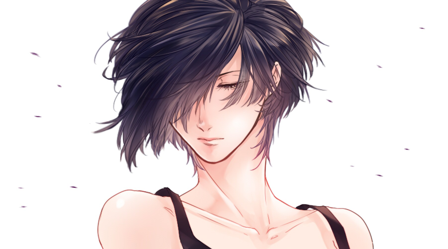 1girl, black_hair, bou_(maimoca501), closed_eyes, collarbone, hair_over_eyes, hataraku_saibou, nk_cell, short_hair, solo, white_blood_cell, wind