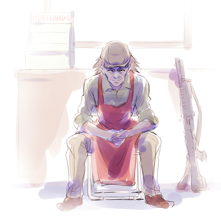 1boy, apron, cash_register, gun, iesupa, male_focus, old_man, pants