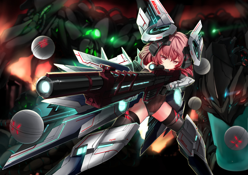 1girl, absurdres, aiming_at_viewer, armor_girls, black_legwear, blurry, blush, boots, depth_of_field, explosion, finger_on_trigger, fire, gloves, glowing, gun, hair_between_eyes, headgear, highres, holding, holding_gun, holding_weapon, legs_apart, leotard, looking_at_viewer, mecha, mecha_musume, red_eyes, redhead, solo, sphere, standing, thigh-highs, weapon, zheyi_parker