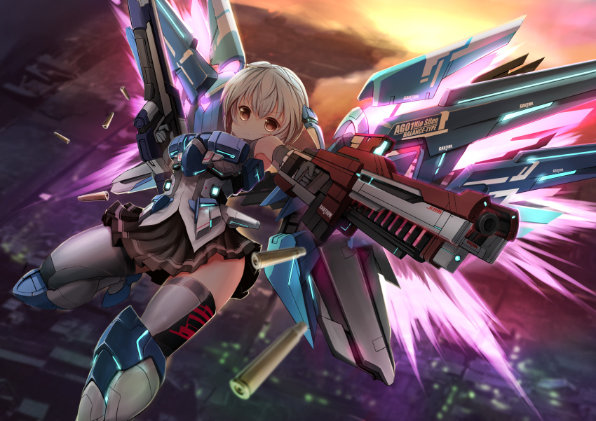 1girl, absurdres, aiming, armor_girls, bangs, black_skirt, blurry, blush