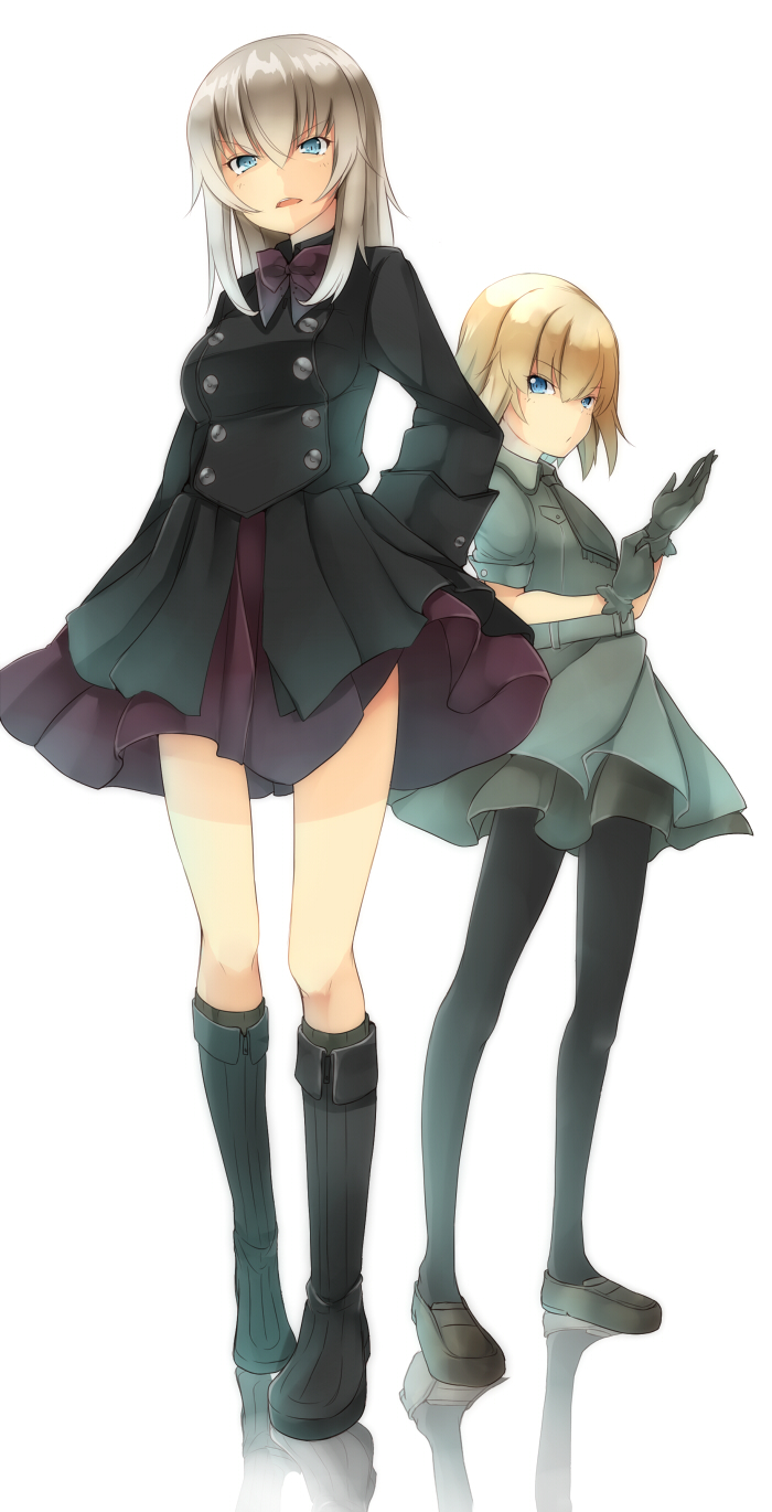 2girls, amai_nekuta, arms_behind_back, bangs, black_boots, black_dress, black_gloves, black_legwear