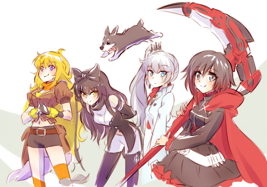 4girls, belt, black_hair, blake_belladonna, blonde_hair, blue_eyes, bow, brown_hair